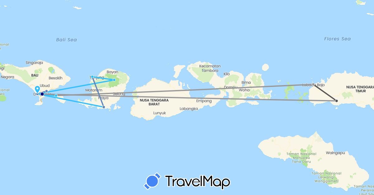 TravelMap itinerary: driving, plane, cycling, boat, motorbike in Indonesia (Asia)
